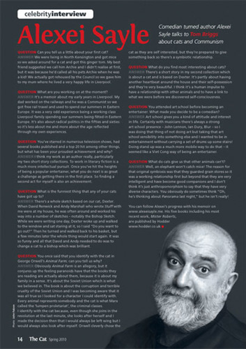 Celebrity interview with Alexei Sayle in The Cat magazine Spring 2010