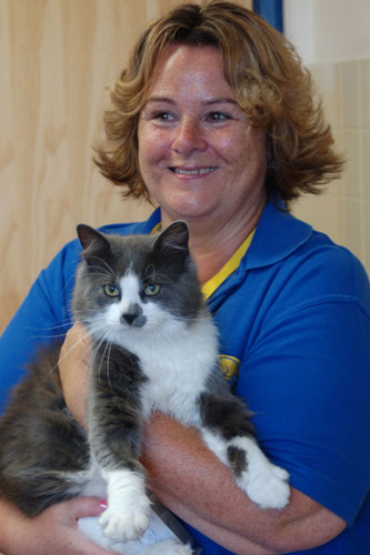 Cats Protection volunteer Tracy holding cat Baby