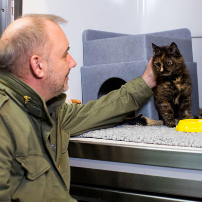 Bob Mortimer and cat Fond Margaret at Cats Protection