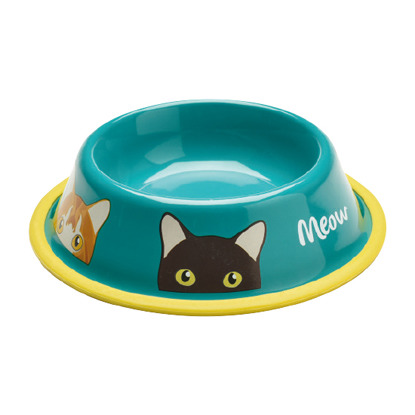 turquoise cat food bowl with cat illustration design