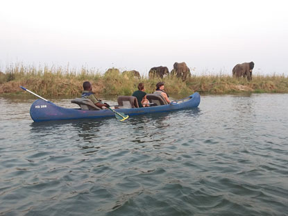 three people in a canoe on the river next to elephants