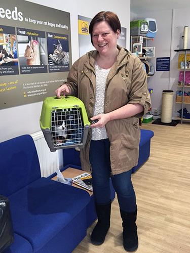 woman holding black and white cat in carrier in Cats Protection centre