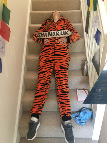 woman in tiger print onesie stretched out on stairs
