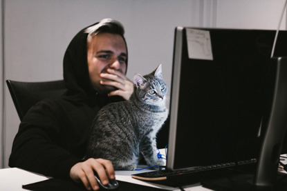 tabby cat sitting in front of man on his computer