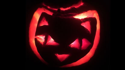 cat face carved into halloween pumpkin