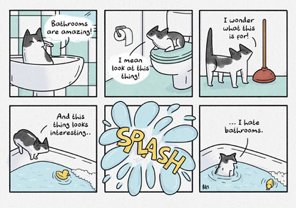 comic strip about cat falling in the bath