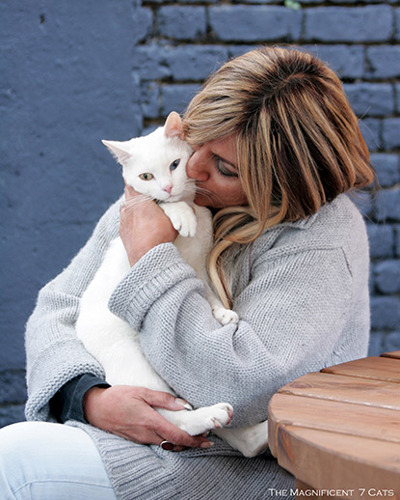 blonde woman hugging white cat